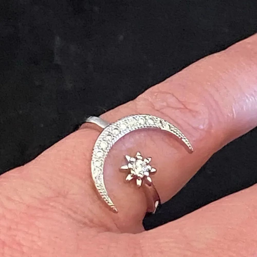 Celestial Crescent Moon Star Silver Tone Crystal Adjustable Ring NWT